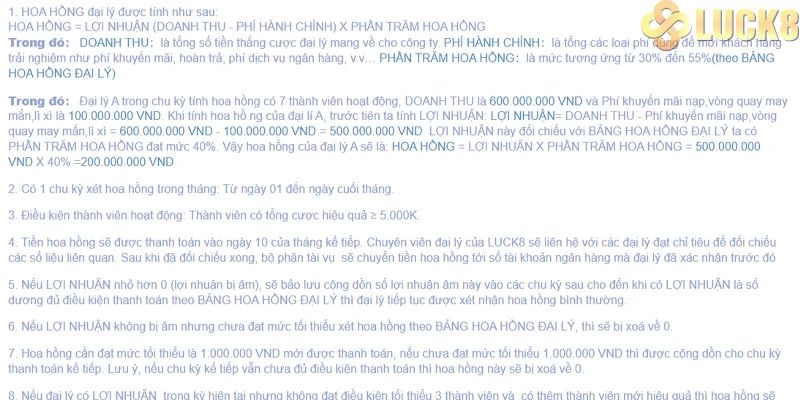 Điều kiện hưởng hoa hồng Đại lý Luck8