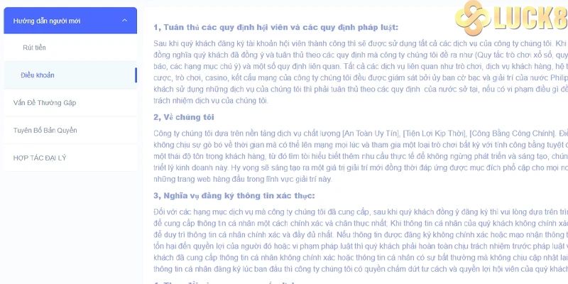 Nội dung chi tiết về điều khoản sử dụng Luck8