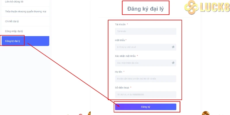 Thao tác đăng ký tài khoản Đại lý tại Luck8