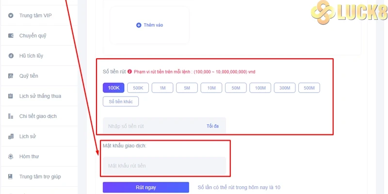 Thiết lập “mật khẩu giao dịch” rút tiền Luck8